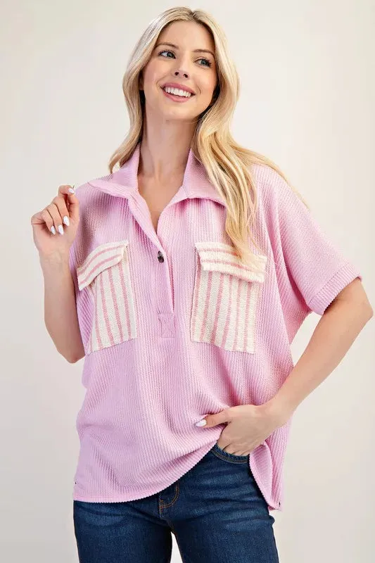 Celeste Full Size Rib Knit Collared Top with Striped Pockets Plus Size sold by Charming Charlie product image thumbnail 4