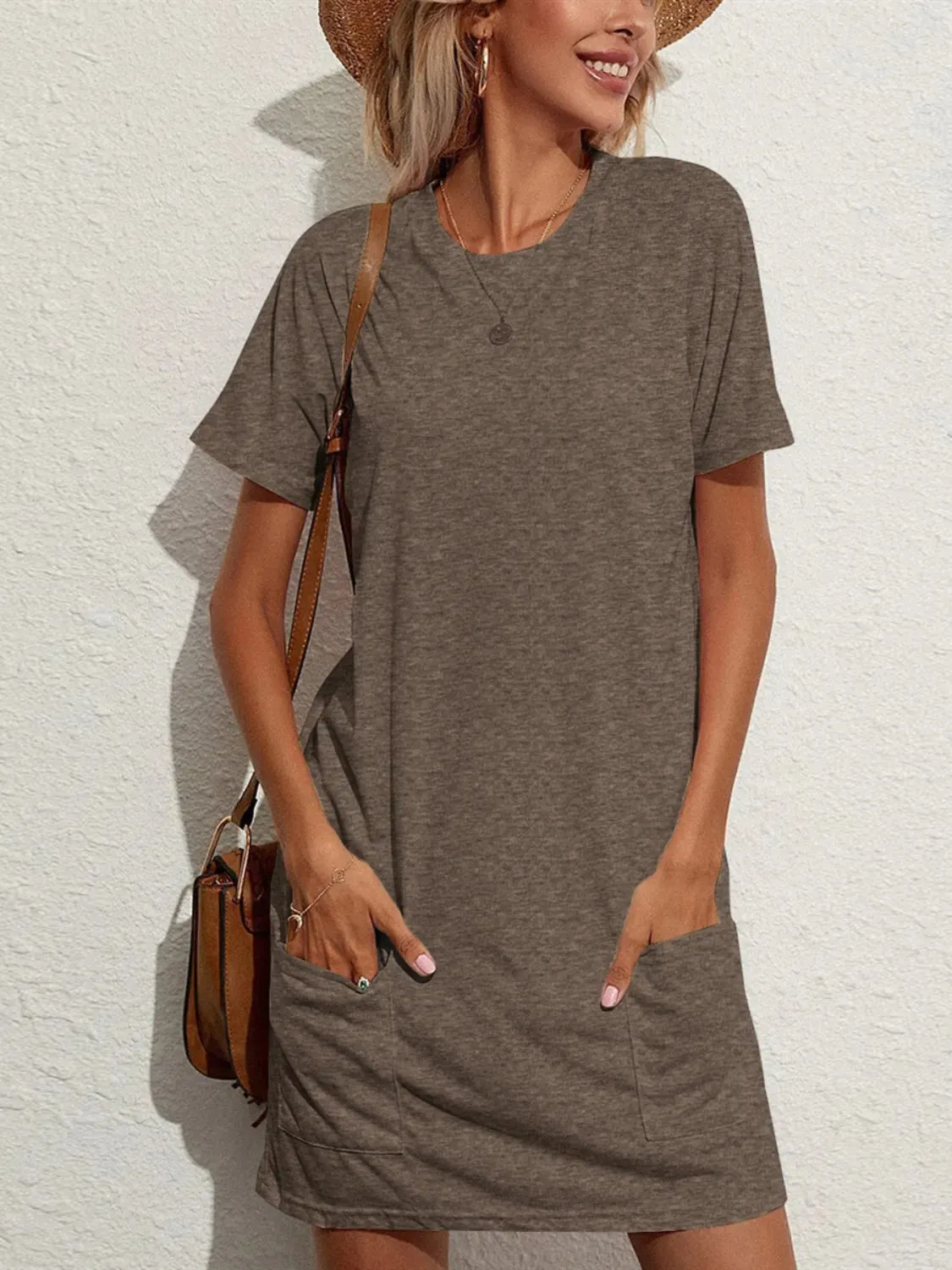 Pocketed Round Neck Short Sleeve Mini Tee Dress sold by Charming Charlie