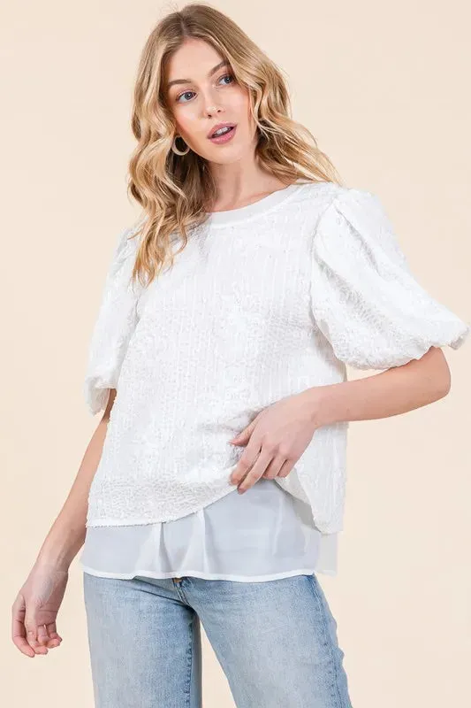 Lime 'N' Chili Floral Textured Puff Sleeve Top sold by Charming Charlie