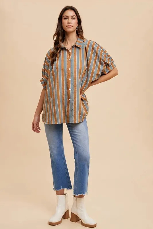 Annie Wear Oversized Drop Shoulder Striped Woven Shirt sold by Charming Charlie
