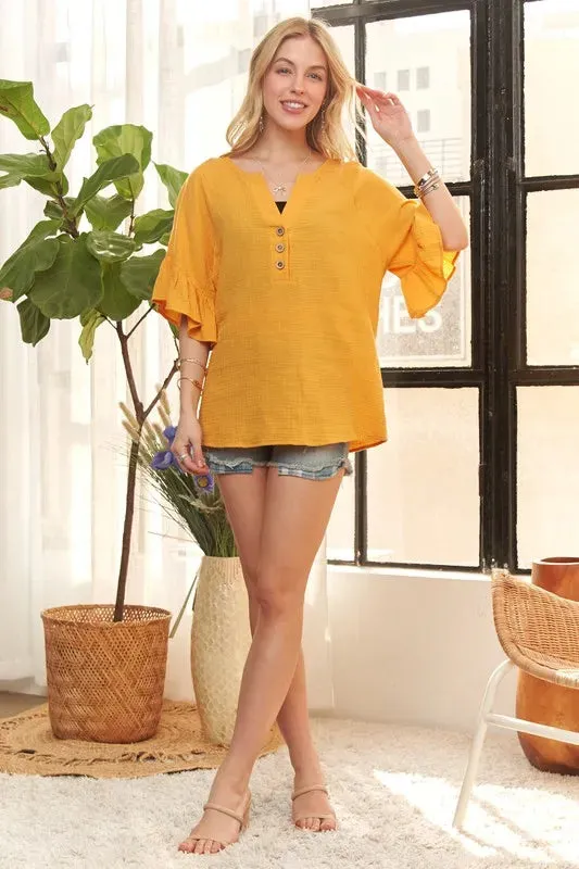 ADORA Ruffle Sleeve Crinkle Top sold by Charming Charlie