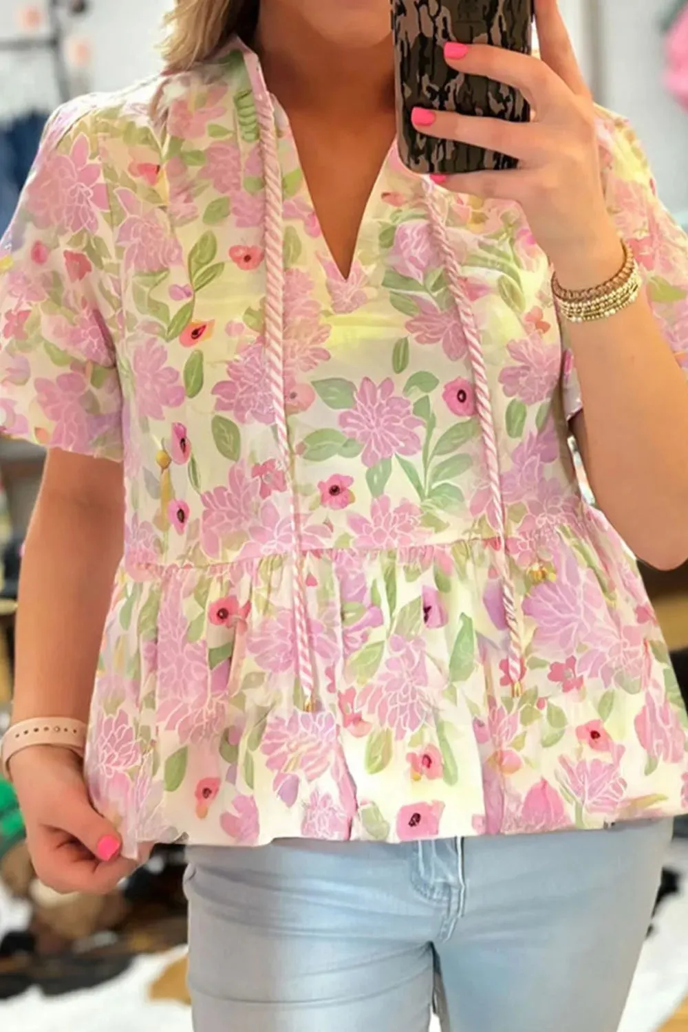 Printed Tie Neck Short Sleeve Blouse sold by Charming Charlie