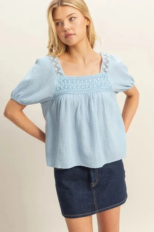 HYFVE Crochet Detail Puff Sleeve Peasant Top sold by Charming Charlie