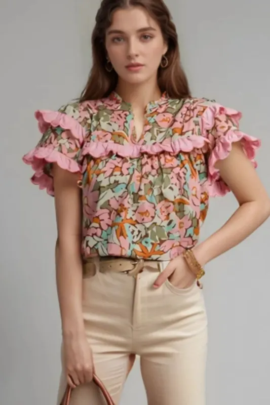 Multicolour Floral Tiered Ruffled Short Sleeve Blouse sold by Charming Charlie