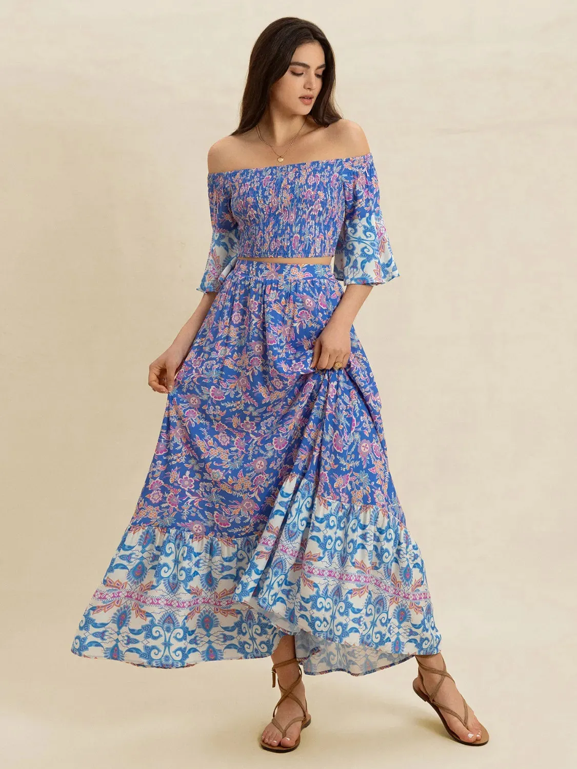 Smocked Off-Shoulder Printed Top and Skirt Set sold by Charming Charlie product image thumbnail 3