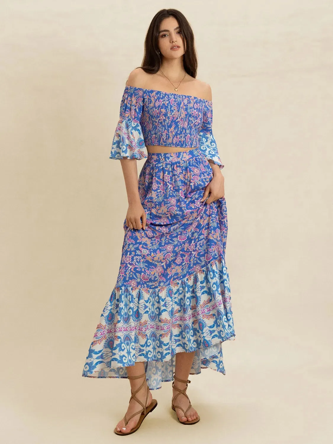 Smocked Off-Shoulder Printed Top and Skirt Set sold by Charming Charlie product image thumbnail 2