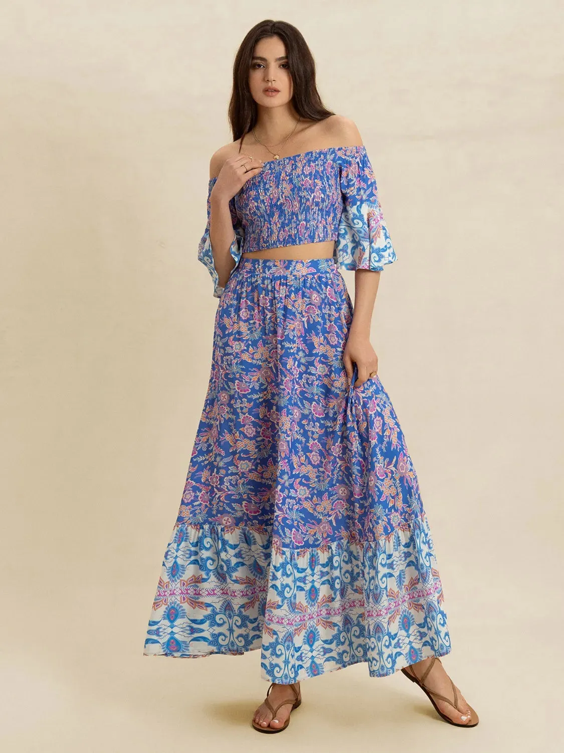 Smocked Off-Shoulder Printed Top and Skirt Set sold by Charming Charlie