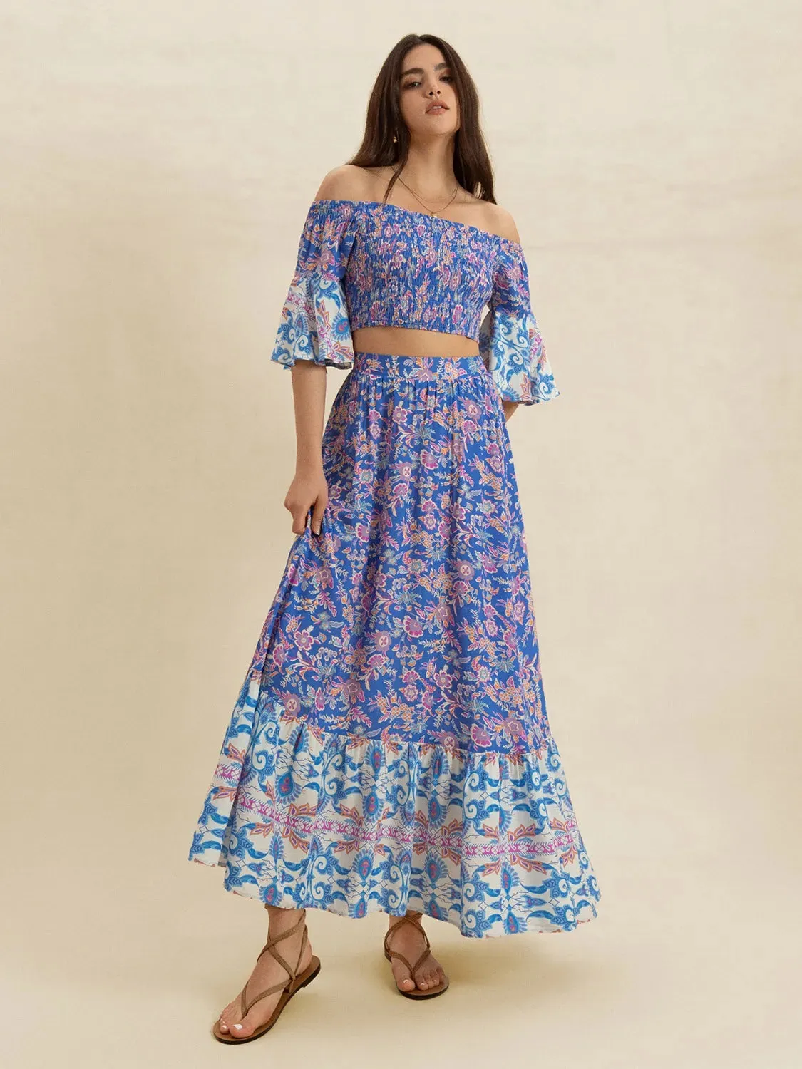 Smocked Off-Shoulder Printed Top and Skirt Set sold by Charming Charlie product image thumbnail 4