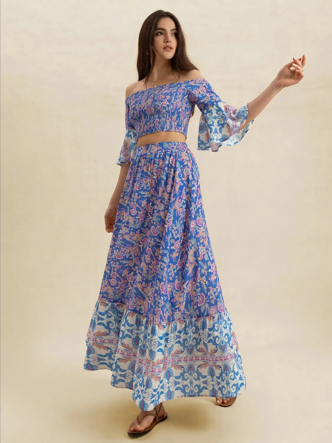 Smocked Off-Shoulder Printed Top and Skirt Set sold by Charming Charlie product image thumbnail 5