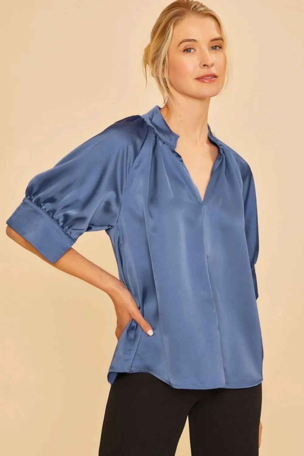 Annie Wear Satin V Neck Open Short Sleeve Woven Blouse Top sold by Charming Charlie