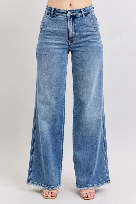 Judy Blue Full Size Raw Hem Wide Leg Jeans Plus Size sold by Charming Charlie