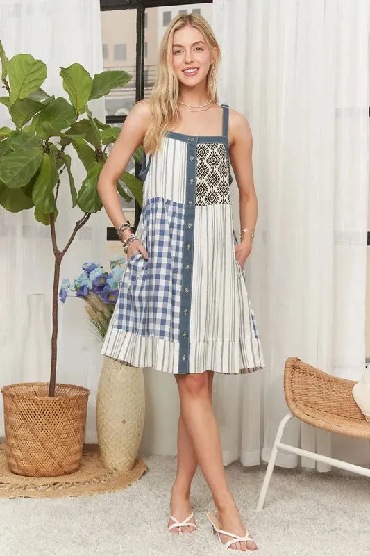 ADORA Patchwork Button Front Mini Dress sold by Charming Charlie