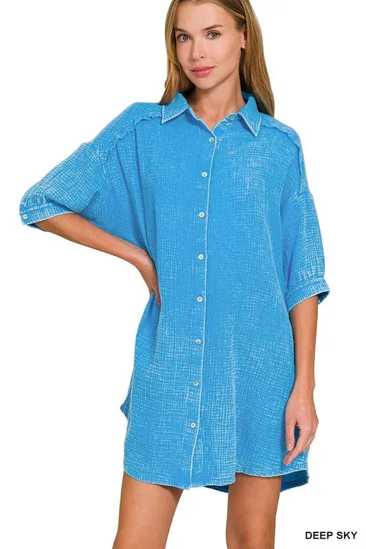 Zenana Washed Double Gauze Button Down Shirt Dress sold by Charming Charlie