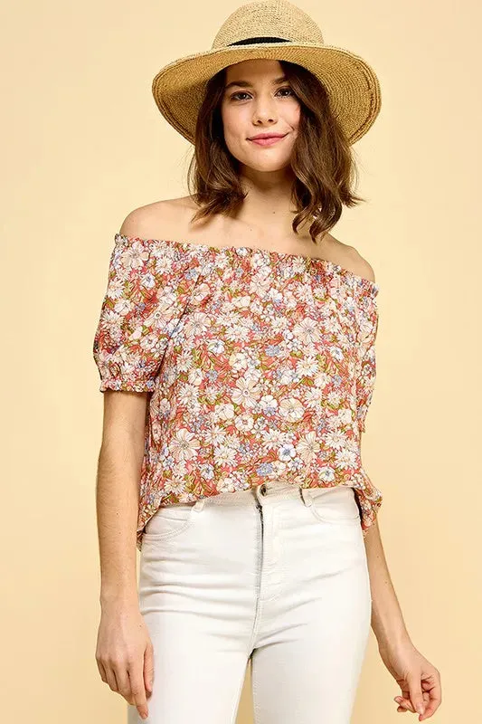 Lime 'N' Chili Floral Print Short Sleeve Off-The-Shoulder Blouse sold by Charming Charlie