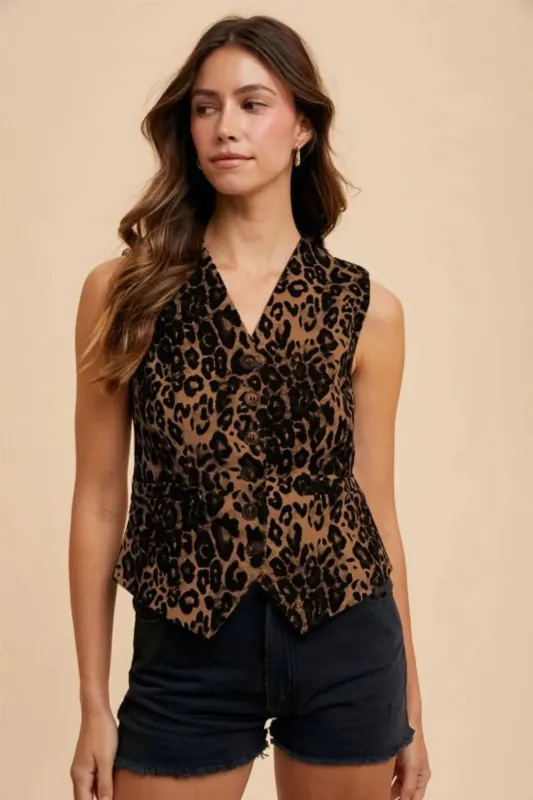 Annie Wear Stretch Leopard Denim Button Down Vest sold by Charming Charlie