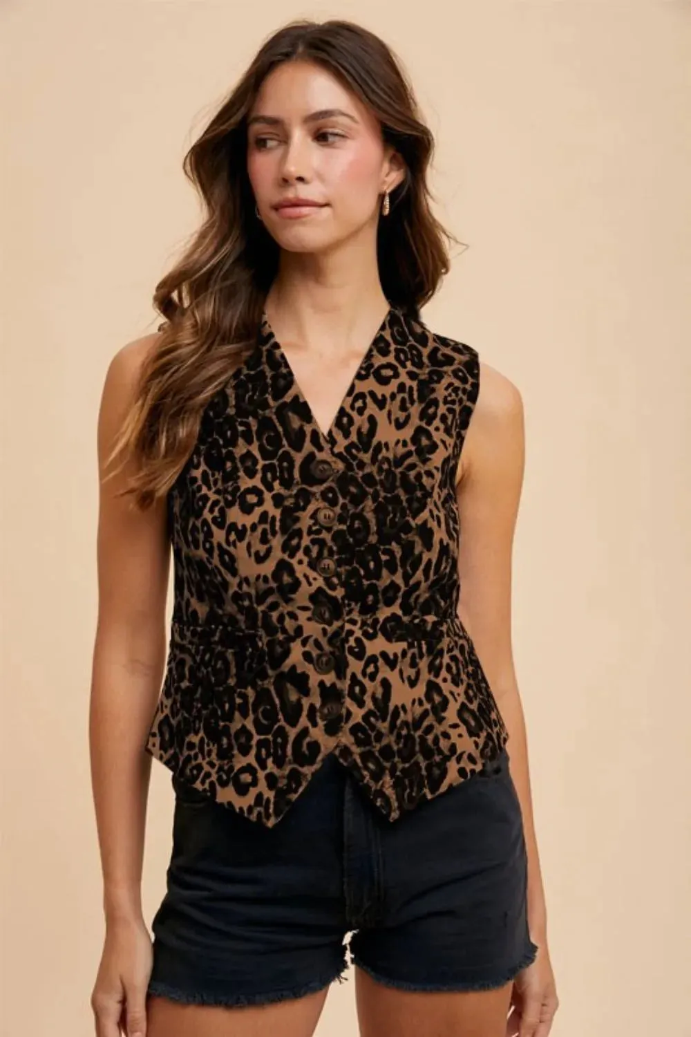 Annie Wear Stretch Leopard Denim Button Down Vest sold by Charming Charlie