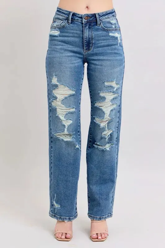 Judy Blue Full Size High Waist Heavy Destroy Straight Jeans Plus Size sold by Charming Charlie