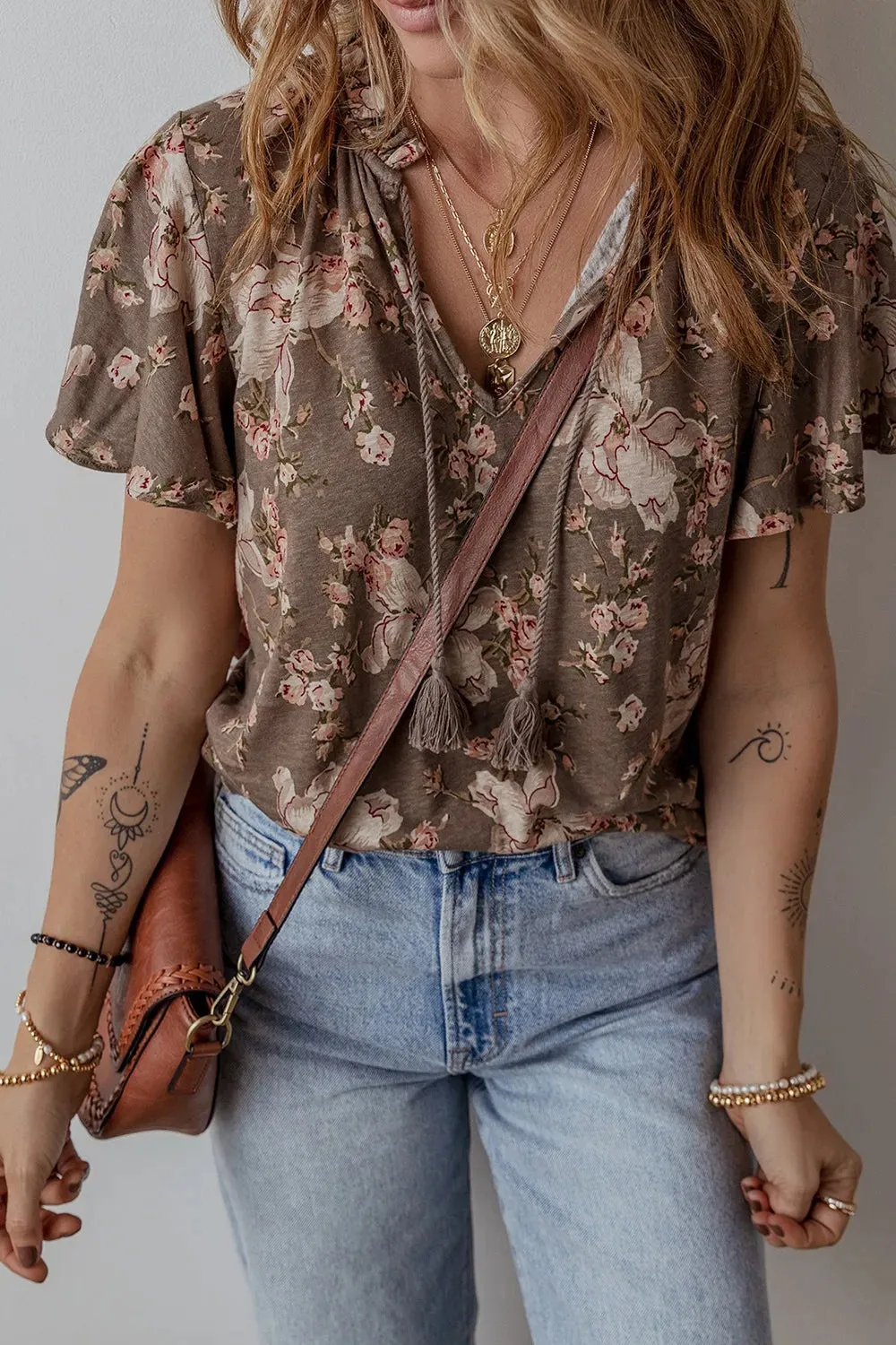 Floral Print Tassel Tie Split Neck Short Sleeve Blouse sold by Charming Charlie product image thumbnail 3