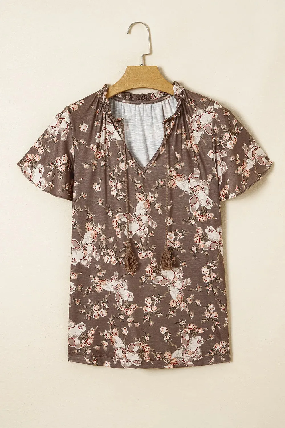 Floral Print Tassel Tie Split Neck Short Sleeve Blouse sold by Charming Charlie product image thumbnail 4