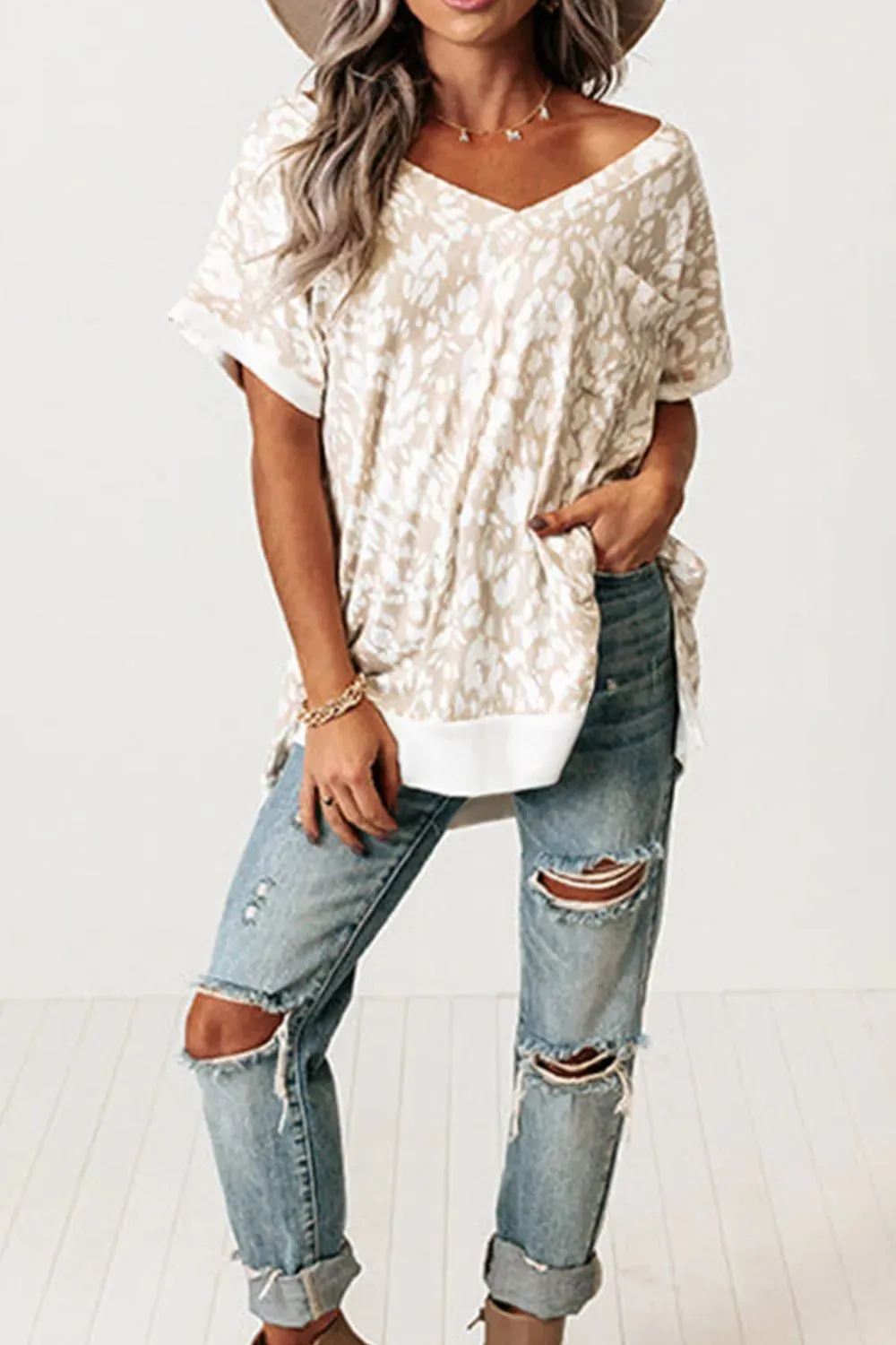 Leopard Print V Neck Side Slit Loose Fit T Shirt sold by Charming Charlie product image thumbnail 4