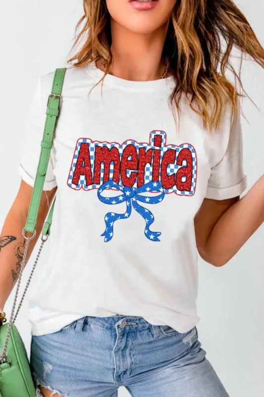 Funky America Letter Bow Round Neck T Shirt sold by Charming Charlie