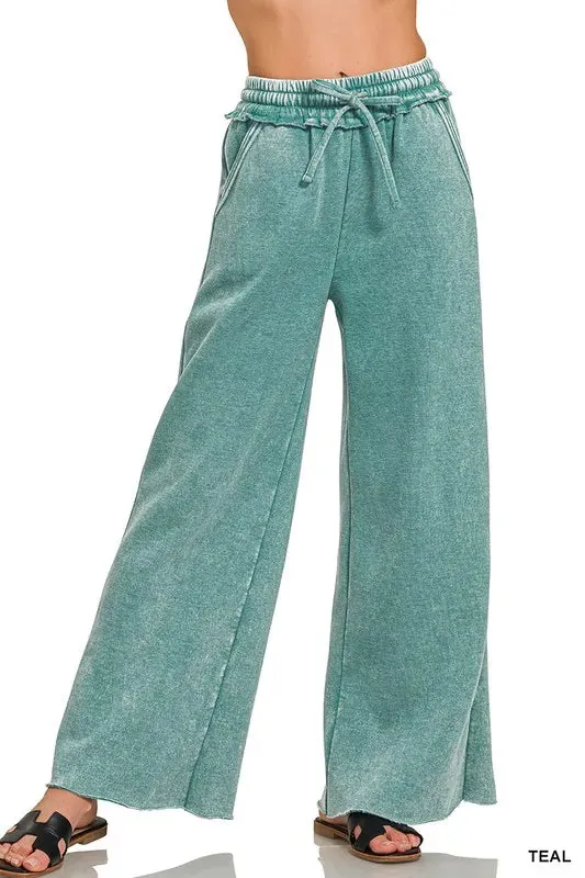Zenana Acid Wash Fleece Palazzo Sweatpants with Pockets sold by Charming Charlie