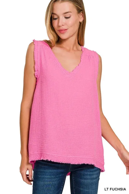 Zenana Double Gauze Raw Edge V-Neck Tank sold by Charming Charlie