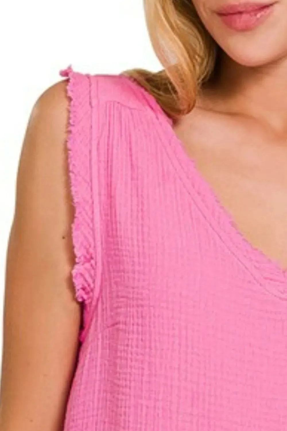 Zenana Double Gauze Raw Edge V-Neck Tank sold by Charming Charlie product image thumbnail 3