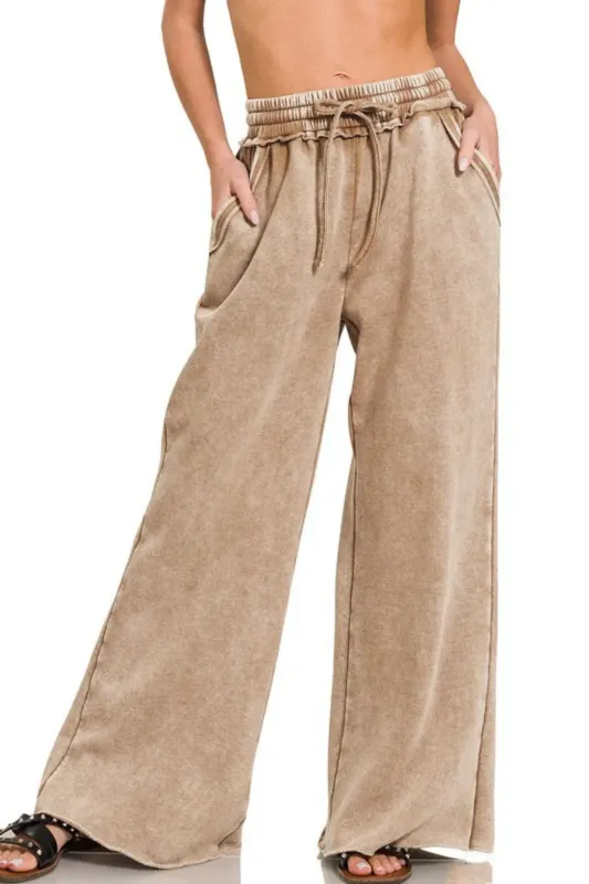 Zenana Acid Wash Fleece Palazzo Sweatpants with Pockets sold by Charming Charlie