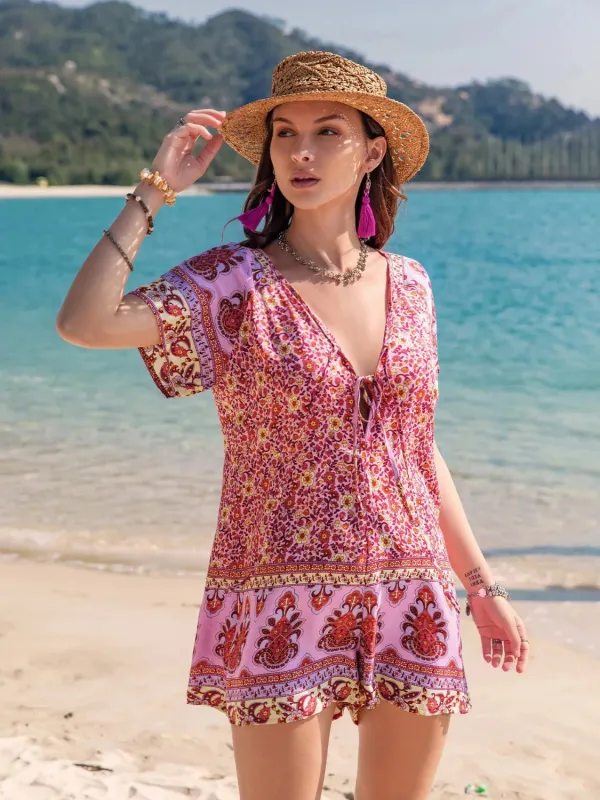 Printed V-Neck Short Sleeve Romper sold by Charming Charlie