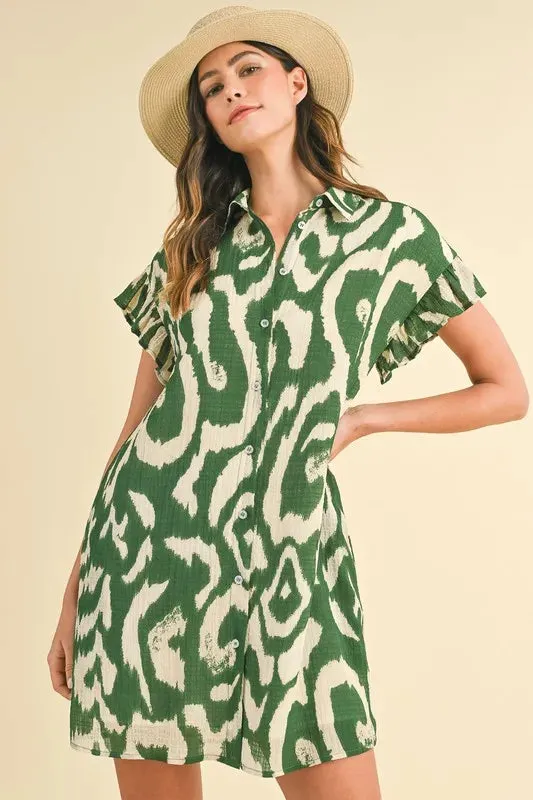 Annie Wear Abstract Printed Frill Sleeve Shirt Mini Dress sold by Charming Charlie