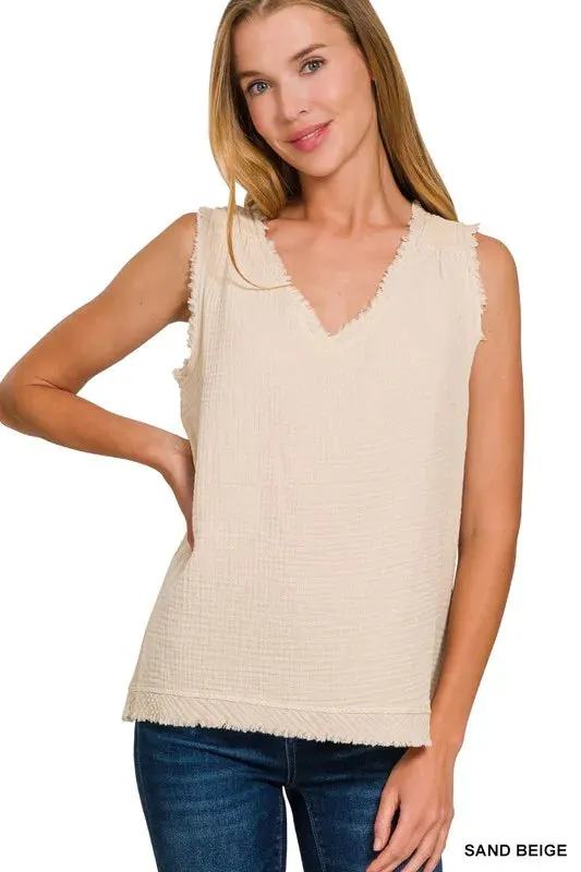 Zenana Double Gauze Raw Edge V-Neck Tank sold by Charming Charlie