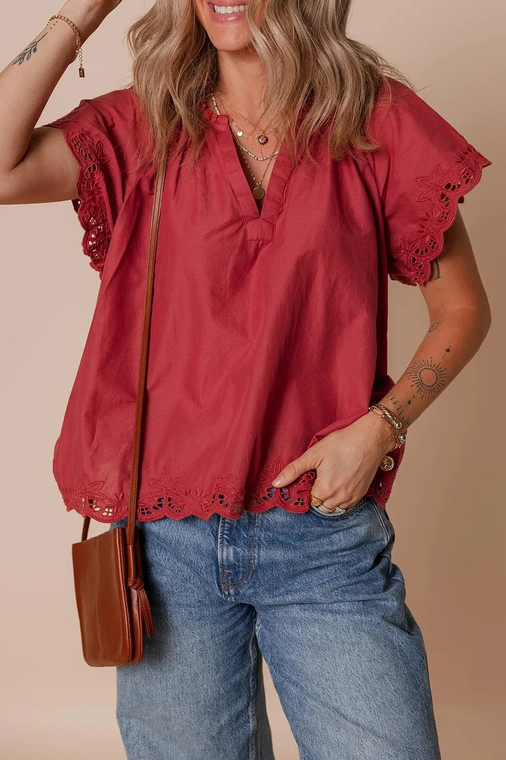 Floral Embroidered Scallop Trim Short Sleeve Notched Blouse sold by Charming Charlie product image thumbnail 2