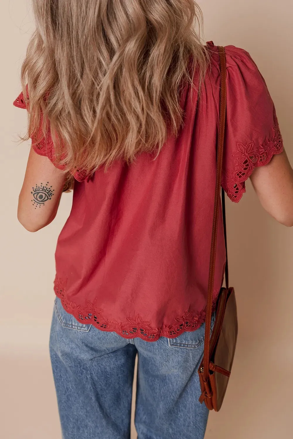 Floral Embroidered Scallop Trim Short Sleeve Notched Blouse sold by Charming Charlie product image thumbnail 3