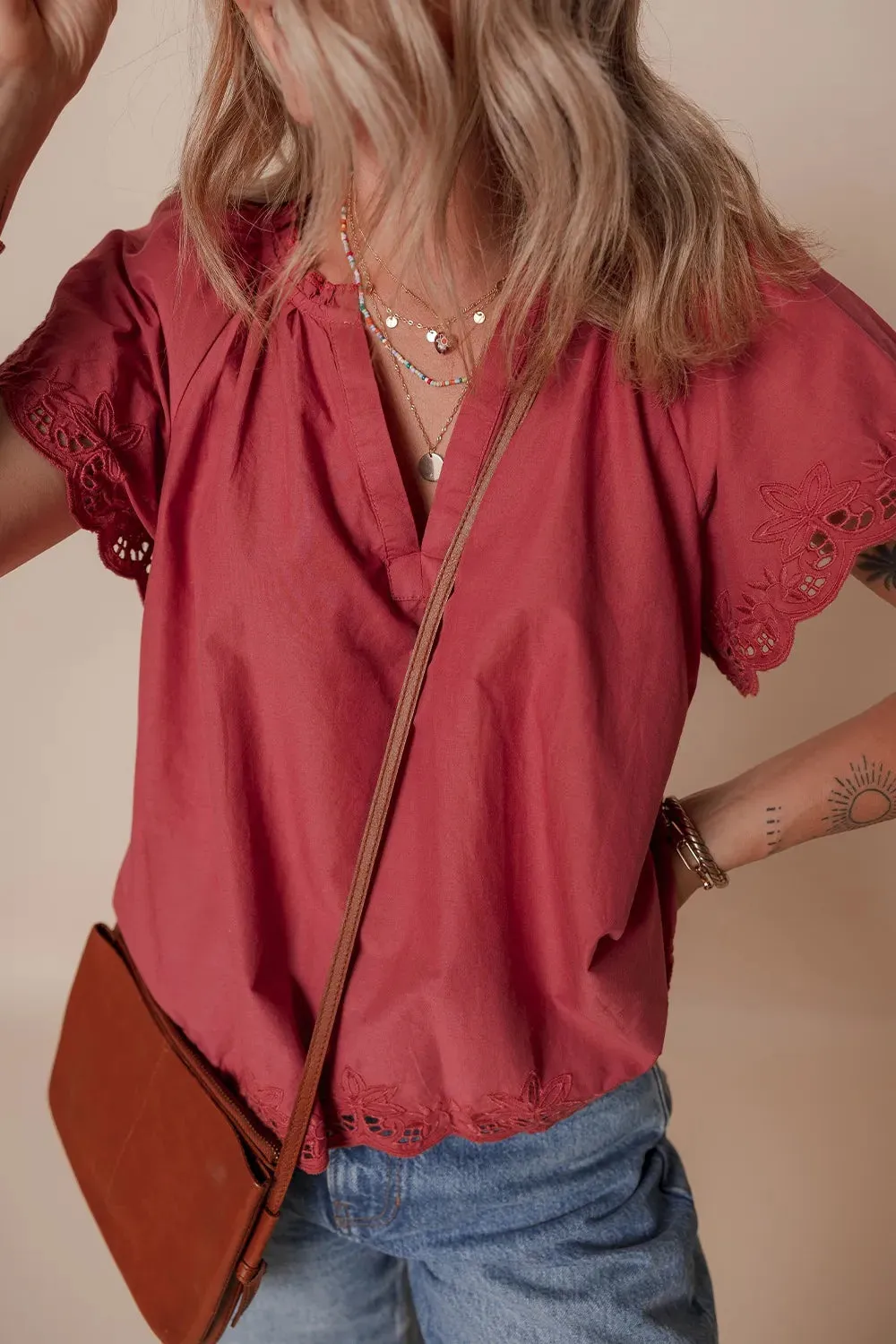 Floral Embroidered Scallop Trim Short Sleeve Notched Blouse sold by Charming Charlie product image thumbnail 5