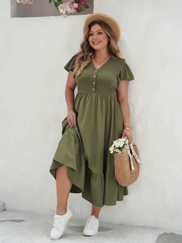 Plus Size Ruffled V-Neck Flutter Sleeve Midi Dress sold by Charming Charlie