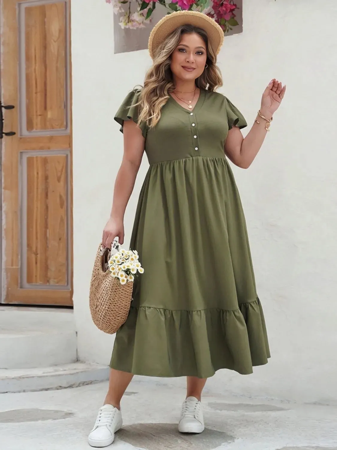 Plus Size Ruffled V-Neck Flutter Sleeve Midi Dress sold by Charming Charlie product image thumbnail 2