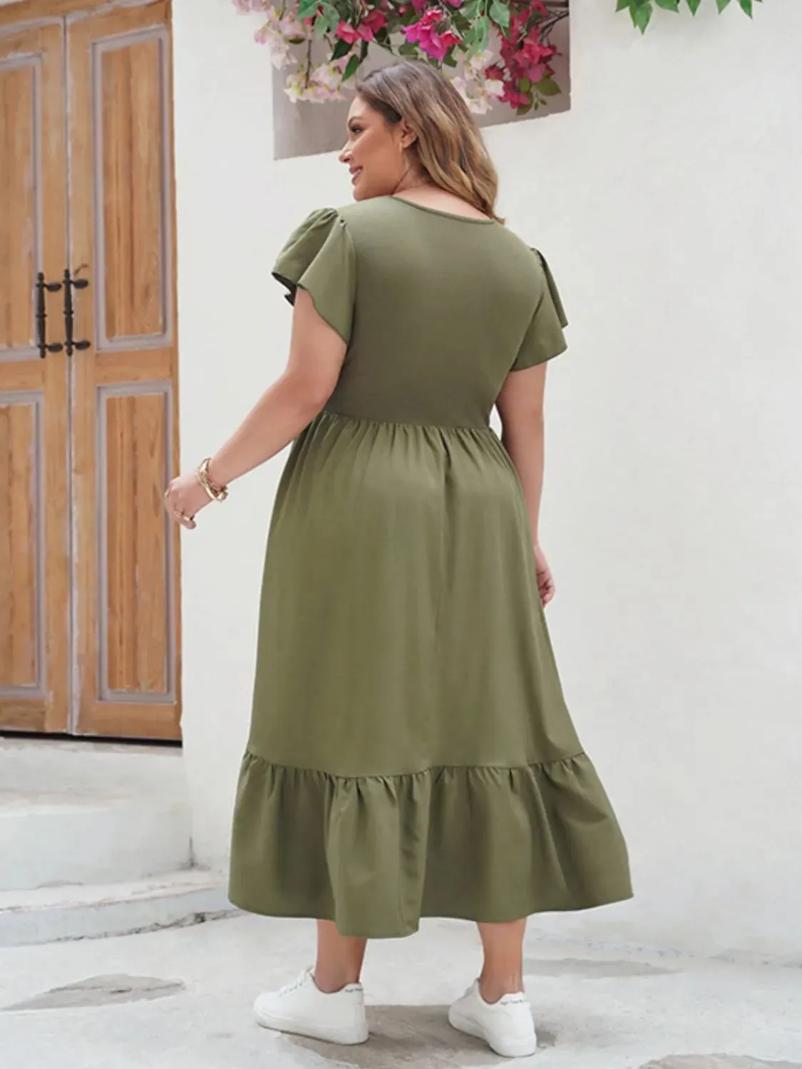 Plus Size Ruffled V-Neck Flutter Sleeve Midi Dress sold by Charming Charlie product image thumbnail 4