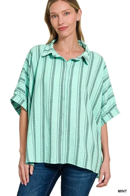 Zenana Woven Yarn-Dye Stripe Oversized Button Down Shirt sold by Charming Charlie