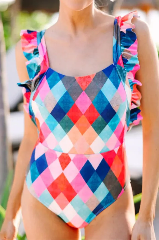 Multicolor Plaid Print Square Neck Frill Sleeveless Backless One-Piece Swimwear sold by Charming Charlie