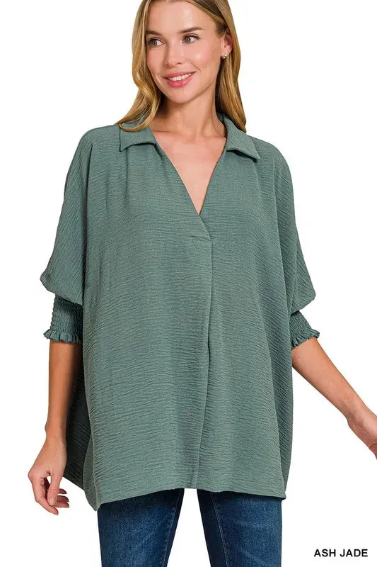 Zenana Airflow Collar Tee with Smocked Sleeve Band Top sold by Charming Charlie