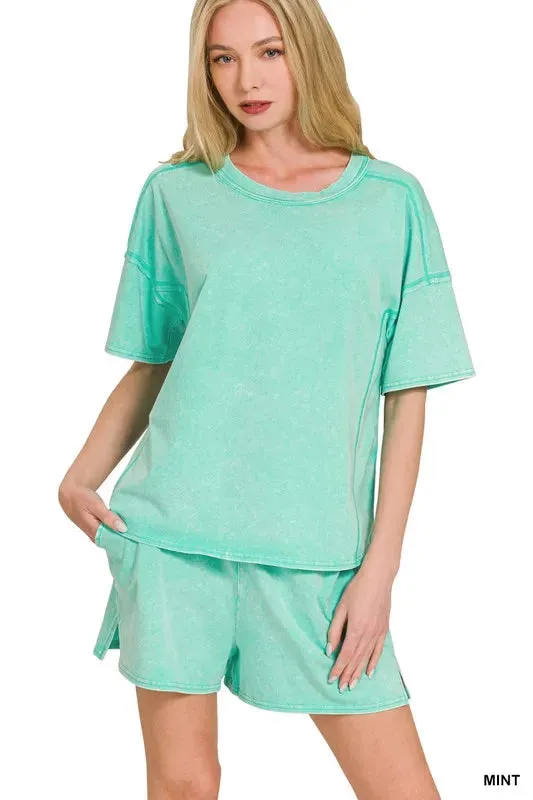 Zenana Acid Washed Short Sleeve Tee & Shorts Set sold by Charming Charlie