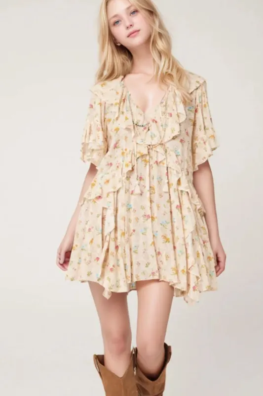 Boho Floral Tassel Tie V Neck Ruffle Wide Sleeve Mini Dress sold by Charming Charlie