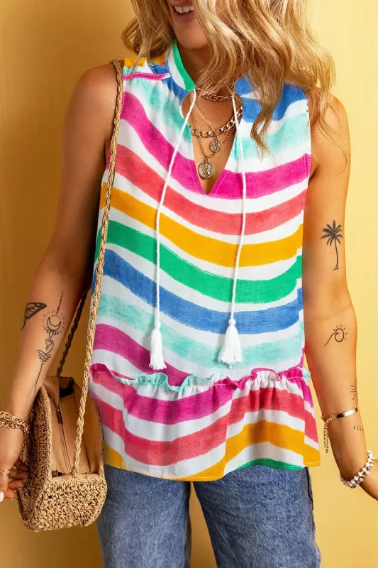 Rainbow Stripes Ruffled Hem Tank Top sold by Charming Charlie
