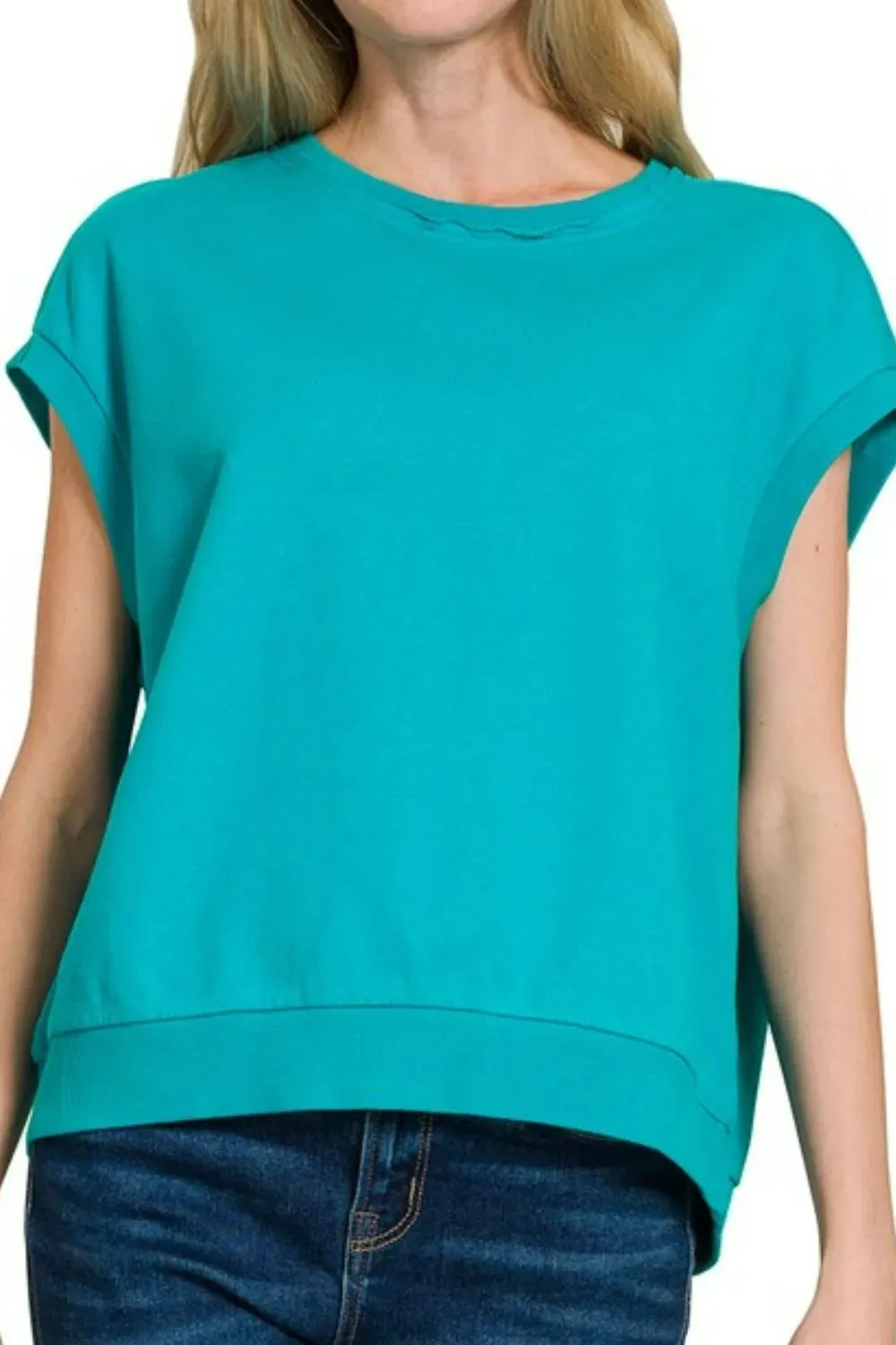 Zenana French Terry Round Neck Cap Sleeve T-Shirt sold by Charming Charlie product image thumbnail 3