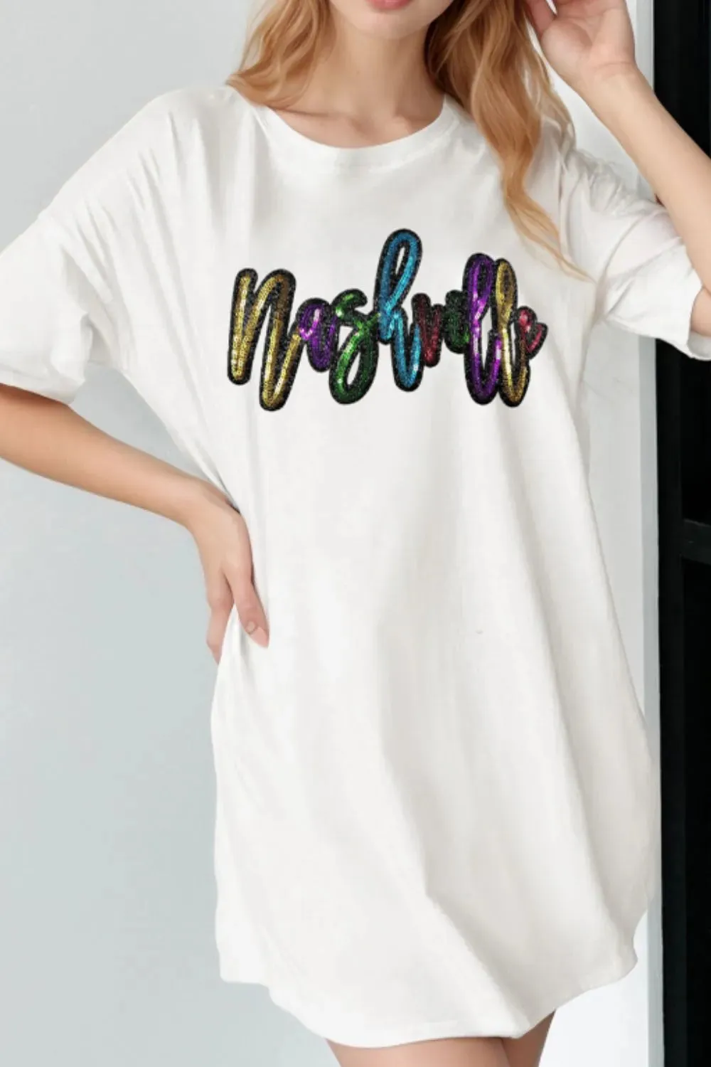Sequin Round Neck Short Sleeve Oversized T-Shirt sold by Charming Charlie