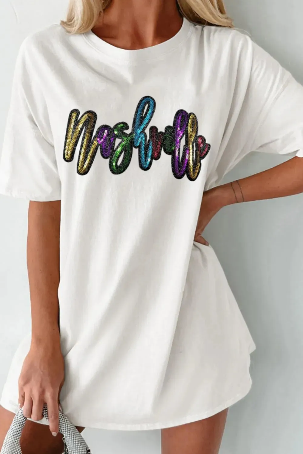 Sequin Round Neck Short Sleeve Oversized T-Shirt sold by Charming Charlie product image thumbnail 3