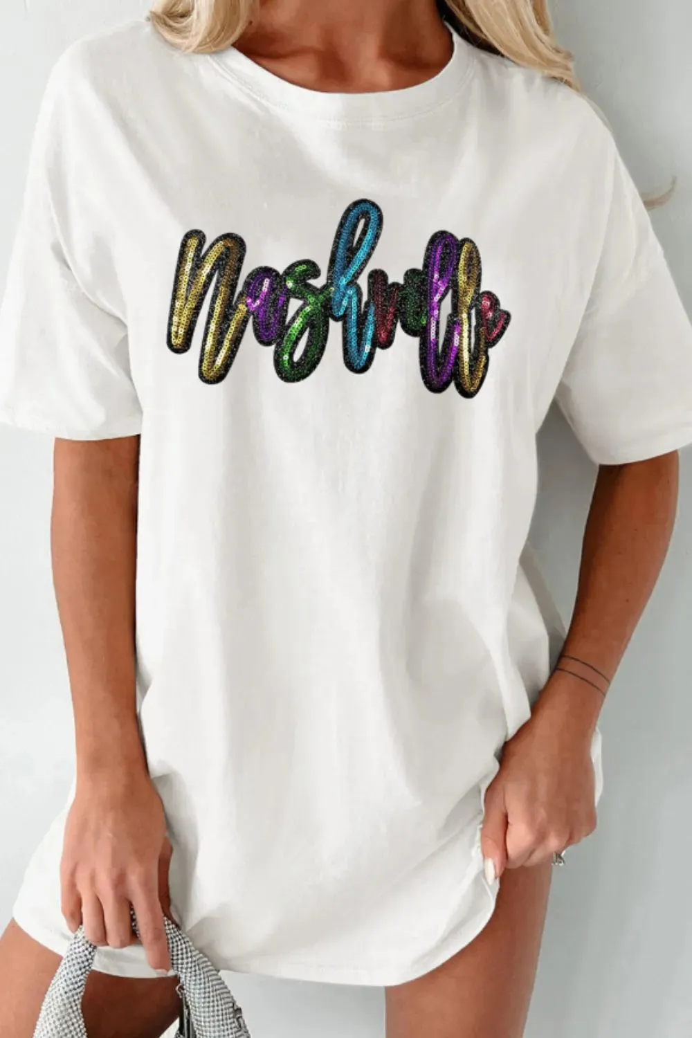 Sequin Round Neck Short Sleeve Oversized T-Shirt sold by Charming Charlie product image thumbnail 5