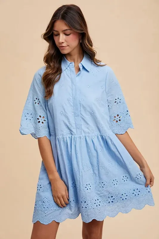 Annie Wear Embroidered Scallop Edge Detail Mini Shirt Dress sold by Charming Charlie