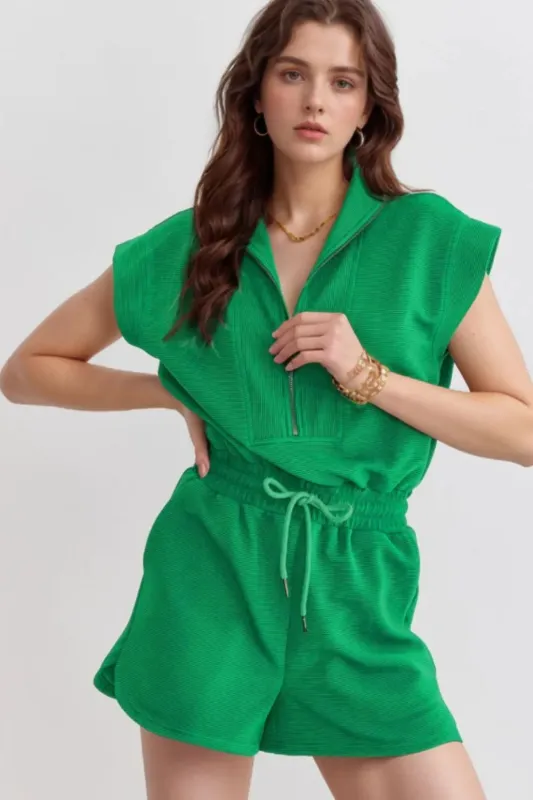 Drawstring Waist Half Zip Romper sold by Charming Charlie